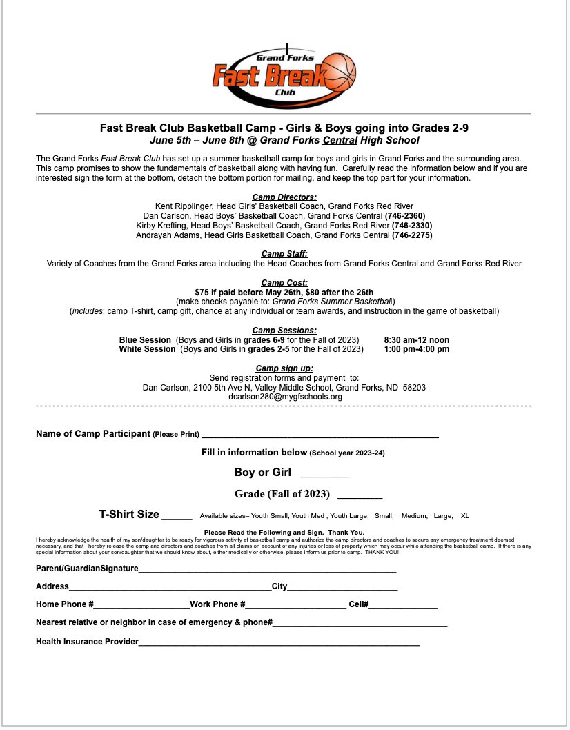 GF Fast Break Camp - Girls &amp; Boys Grade 2-9. June 5th - 8th. Registration forms available on gffastbreak.com