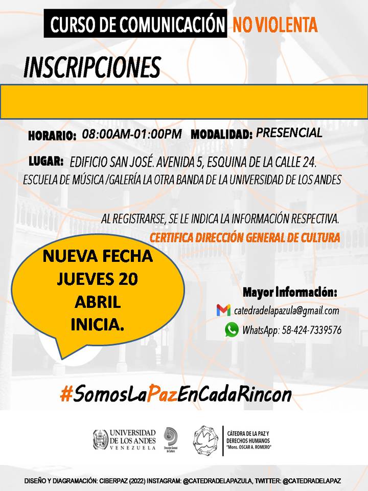 catedradelapaz's tweet photo. Sé parte de esta nueva experiencia formativa porque eres un #ConstructorDePaz en tus espacios. Aprende las herramientas de la Comunicación No Violenta. En la imagen, te decimos cómo...? https://t.co/M8mUKe9HXe