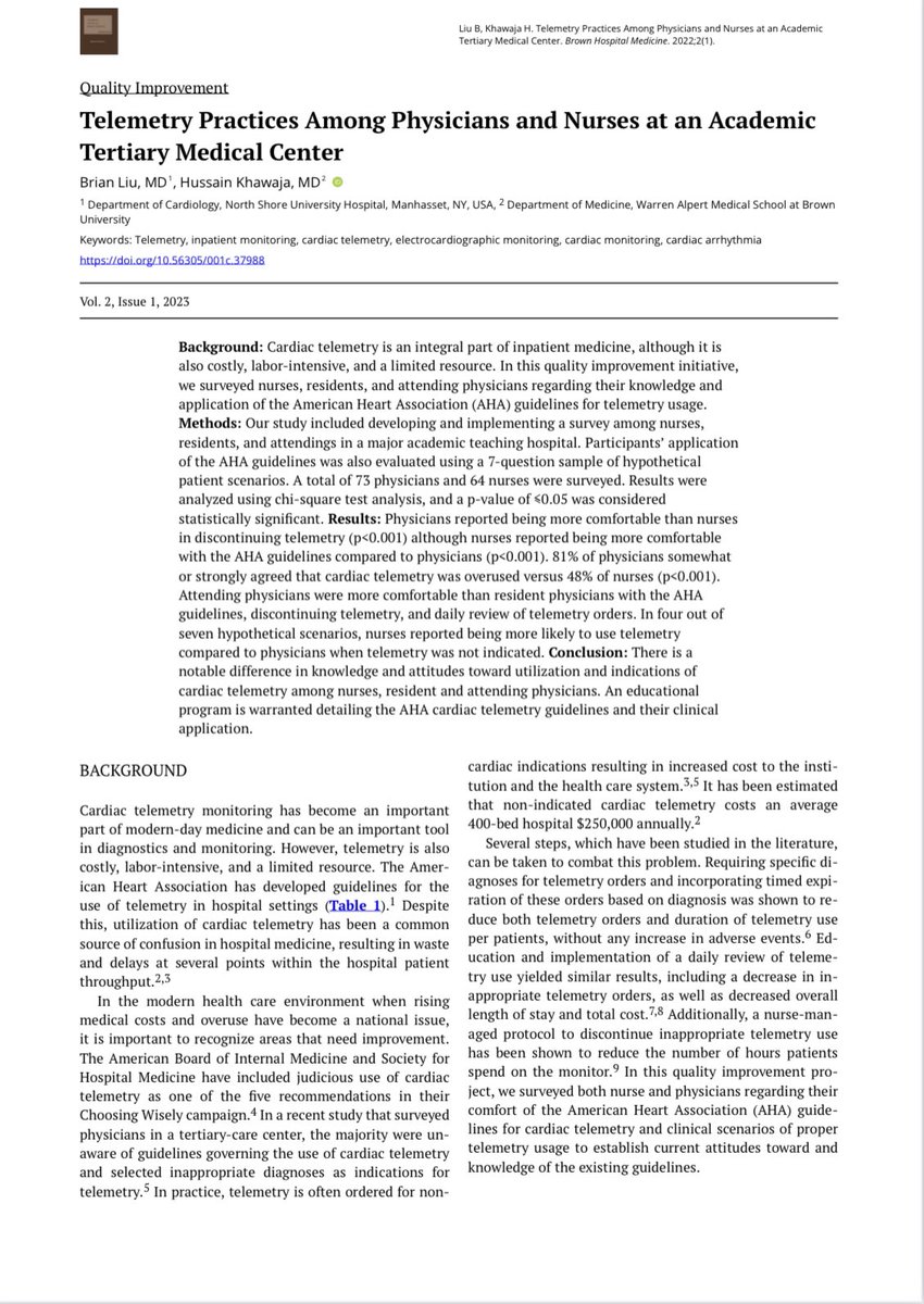 BrownJHM's tweet photo. 🔊NEW QI: Telemetry Practices Among Physicians &amp; Nurses at an Academic Tertiary Medical Center

Read more: https://t.co/Kc7owXMdDf

Interested in submitting QI like this? We accept QI, Patient Safety Research, Health Informatics. Submit at https://t.co/rFvzRC7yqt

#Medtwitter https://t.co/LUVhWydcnV