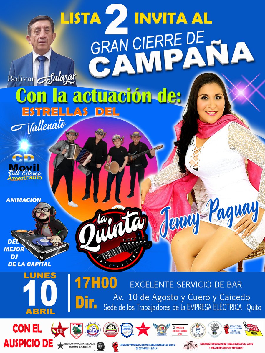 Osuntramsavota2's tweet photo. Pichincha📍 
𝐆𝐫𝐚𝐧 𝐜𝐢𝐞𝐫𝐫𝐞 𝐝𝐞 𝐜𝐚𝐦𝐩𝐚𝐧̃𝐚 𝐝𝐞 𝐥𝐚 𝐯𝐢𝐜𝐭𝐨𝐫𝐢𝐚 ✌
Bolívar Salazar y la Lista 2 se complacen en invitarlos a participar de este maravilloso encuentro, para cerrar con broche de oro nuestra campaña del triunfo.

#bolivarsalazarsecretariogeneral https://t.co/l0pf4ktL3k