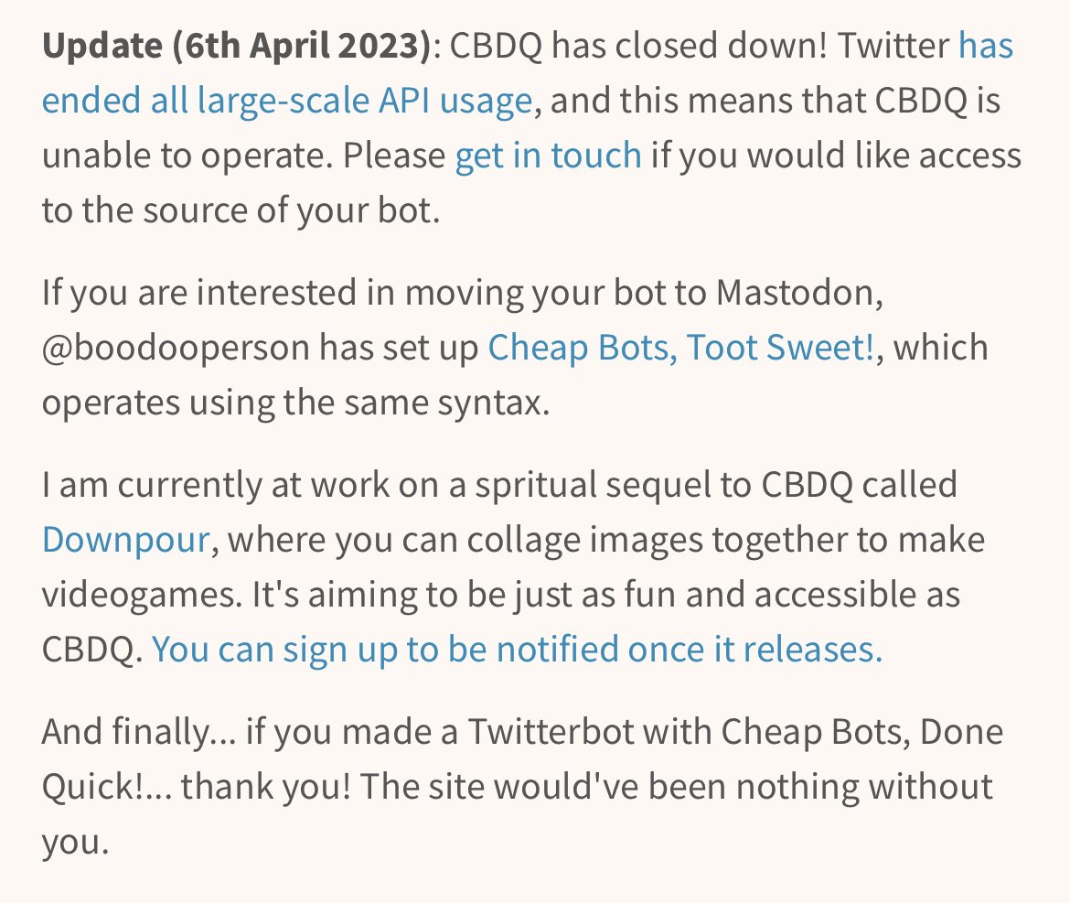 cwf (@cwf_report) on Twitter photo NOTICE: <a href="/CWF_Forecast/">cwf forecast</a> on Twitter is officially shut down. See the image below from the service that ran the bot for me.
I hope my silly bot provided some amusement!
I plan to bring an improved version of it over to Mastodon, but it’ll take some time. NOTICE: <a href="/CWF_Forecast/">cwf forecast</a> on Twitter is officially shut down. See the image below from the service that ran the bot for me.
I hope my silly bot provided some amusement!
I plan to bring an improved version of it over to Mastodon, but it’ll take some time.