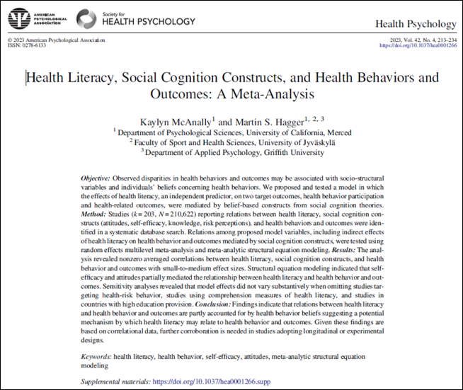 martinhagger's tweet photo. Now published in Health Psychology 
- our meta-analysis on health literacy, social cognition constructs &amp; health behaviors/outcomes - suggests mechanisms for effects of HL on behavior, led by @McAnally_Kaylyn @SHARPP_lab Editor's choice &amp; free to read: https://t.co/tqor79bDxR https://t.co/AEKzq9LIHb
