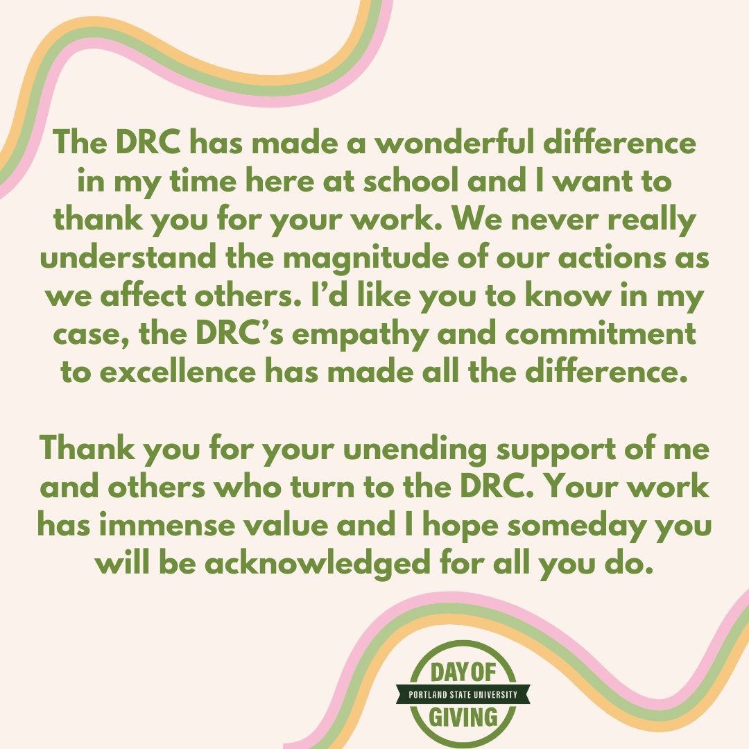 pdxdrc's tweet photo. Learn what students themselves say about the work we do at the DRC. #PSUDayOfGiving (Donation link: https://t.co/8z5cqSa3nG) 

(refer to alt text for image descriptions) https://t.co/U3fphFyRnQ