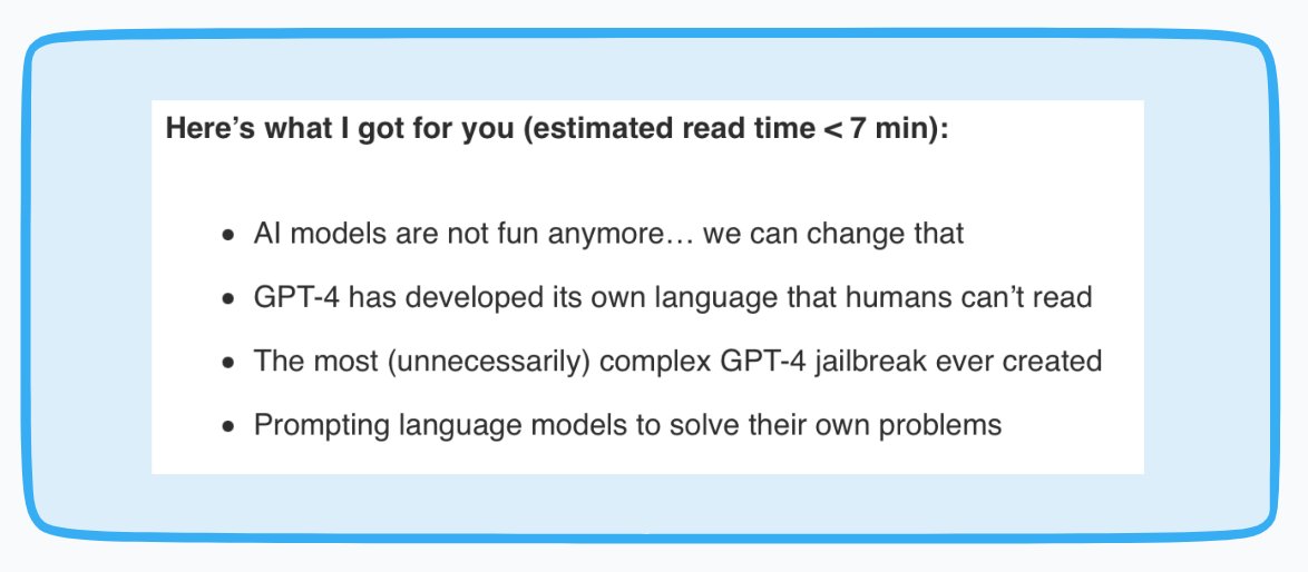 thepromptreport's tweet photo. report #7 dropped this morning

turns out GPT-4 can tell jokes... we just told it not to https://t.co/6u2fwKmqSC
