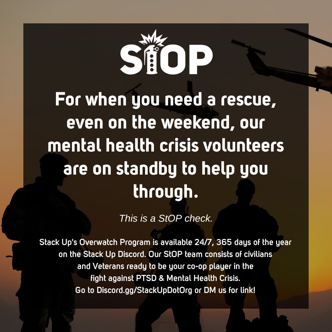 StackUpDotOrg's tweet image. Why do we make an Overwatch Program post every Saturday? To remind you all that our volunteers and staff are on standby ready to help you through crisis.

Drop in and ask to speak to an Overwatch Program team member.
Discord.gg/stackupdotorg