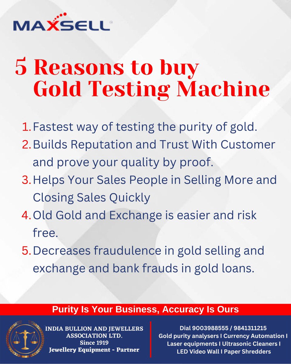 IBJA1919's tweet photo. Get your hands on the latest and best gold testing machines!!!
#goldtester #goldtesting #GoldTestingMachine #Fast #riskfree #GoldLoan #accurate #Accuracy #goldpurity #purity #growbusiness #ibja https://t.co/847TAX4GsQ