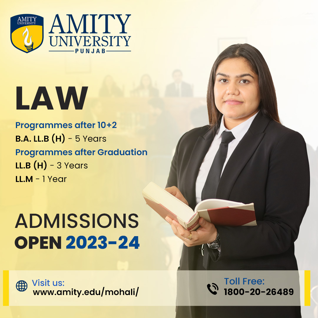 AmityPunjab's tweet image. #AdmissionsOpen
Attention aspiring lawyers!
Get ready to pursue your dream of becoming a legal professional with #AmityUniversityPunjab. The law admission session for 2023 is now open! 
Apply now ➭ bit.ly/3Dv0FmT
Admissions 2023-24 ➭ admissions@pb.amity.edu
#LawCourse