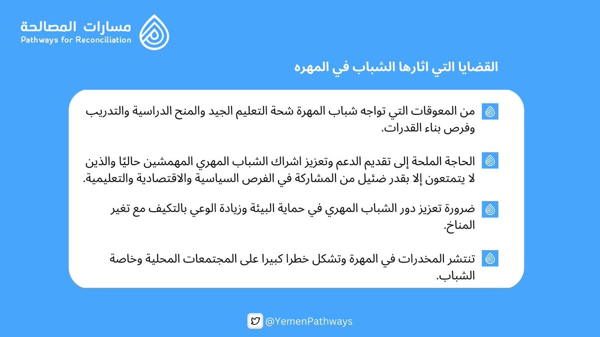 YemenPathways's tweet photo. عقدت منصة مسارات المصالحة لقاءً افتراضيًا مع 35 مشاركًا من المهرة حول "دور الشباب المهري في صنع المستقبل". حدد المشاركون فيها وناقشوا العديد من القضايا الرئيسية كما هو موضح أدناه: https://t.co/ELnRjkuXIc