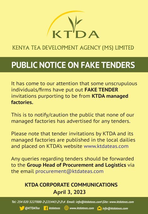 MbuthiaAmina's tweet photo. Attention all! Beware of fraudulent tender invitations circulating online. @KTDATea  urges the public to stay vigilant. 
#KTDATea #TenderFraud https://t.co/BXcciTWDvp