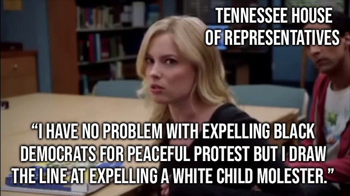 hawleyNO's tweet photo. Republicans: we draw the line at expelling white child molesters. #DavidByrd #TenneseeThree https://t.co/XvtoQ6t93L