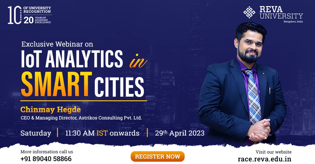 Join us for an exciting #webinar on "𝗜𝗼𝗧 𝗔𝗻𝗮𝗹𝘆𝘁𝗶𝗰𝘀 𝗶𝗻 𝗦𝗺𝗮𝗿𝘁 𝗖𝗶𝘁𝗶𝗲𝘀"🌃 delivered by Chinmay Hegde, CEO &amp; Managing Director at <a href="/astrikosconsult/">Astrikos.Ai</a> on April 29, 2023 | 11:30 AM 

Registration Link:bit.ly/3KdyxXH 
<a href="/chinmayth/">Chinmay</a> #racereva #revauniversity