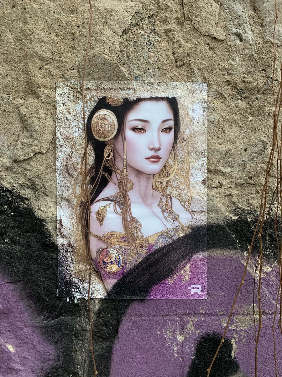 space_riz's tweet photo. @clairesilver I got a collaboration between street art and AI. I took a photo of a wall, generated a portrait of the girl in the centre of the photo, leaving the borders of the photo untouched, printed this poster and stuck it on the same spot https://t.co/1SUGf8CkjH