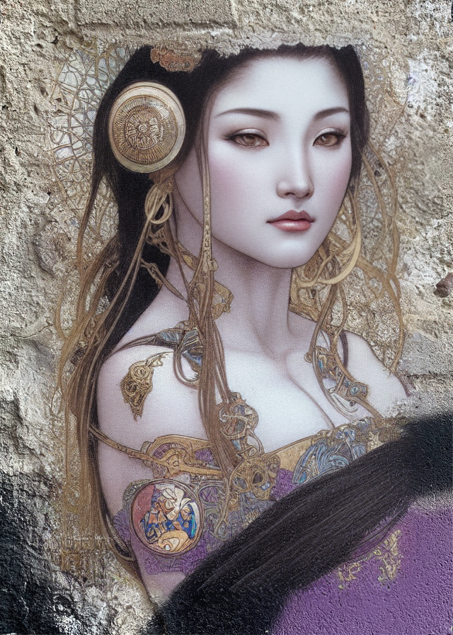 space_riz's tweet photo. @clairesilver I got a collaboration between street art and AI. I took a photo of a wall, generated a portrait of the girl in the centre of the photo, leaving the borders of the photo untouched, printed this poster and stuck it on the same spot https://t.co/1SUGf8CkjH