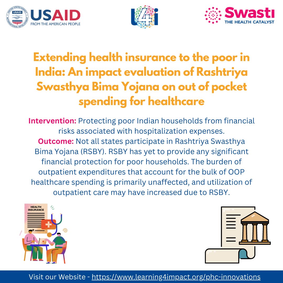 learning4impact's tweet photo. The Indian Ministry of Labour and Employment launched the 'Rashtriya Swasthya Bima Yojana' (RSBY) in 2008.RSBY-covered households are entitled to hospitalization coverage of up to INR 30,000 annually for a specified list of conditions.
#comprehensiveprimaryhealthcare #insurance https://t.co/nyI5KAPuyn
