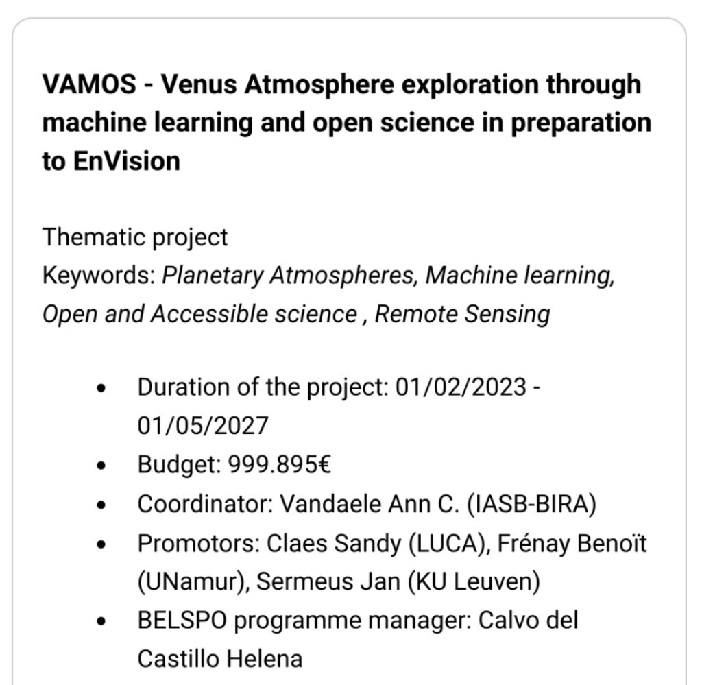 On my way to the kickoff meeting of the VAMOS project  🤩🚀  with @BIRA_IASB @KU_Leuven @LUCASchoolofArt and Planetarium of Brussels.  Funded by @belspo.  @UNamur @UNamurCSFaculty @NADI_institute @HuMaLearn 'Venus Atm. expl. through ML and open science in preparation to EnVision'