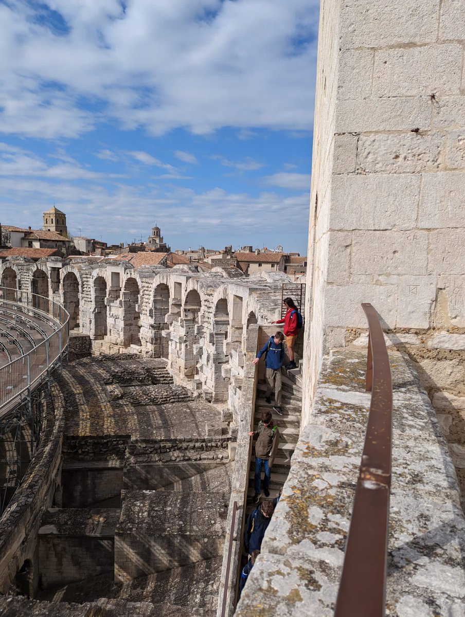 Careful descent of medieval tower on Arles amphitheatre #TythyClassicsMFLTrip