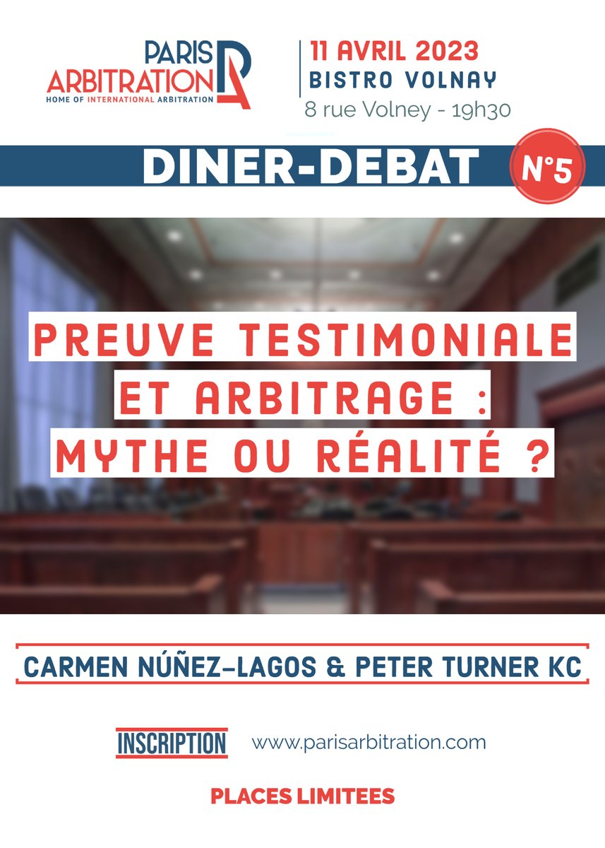 📢[SAVE THE DATE] 📢

Paris Place d'Arbitrage vous donne rendez-vous pour son cinquième diner-débat qui se tiendra le 11 avril 2023 à 19h30, avec Carmen Nuñez-Lagos &amp; Peter Turner KC.  

Attention, le nombre de places est limité !  

Pour vous inscrire : lnkd.in/enW2JJXK