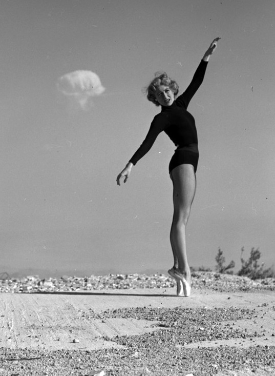 LasVegasLocally's tweet photo. 70 years ago today a Sands Hotel dancer named Sally McCloskey climbed to the top of Mount Charleston and performed an interpretive dance while an atomic bomb exploded behind her, just 40 miles away. https://t.co/nhbQDRYEzz