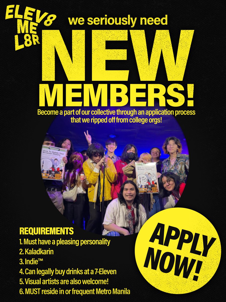 Elev8 Me L8r (@elev8mel8r) on Twitter photo We're on the lookout for new members!
Our collective is open to musicians, artists, merchants, regular gig goers, and music enthusiasts! If you fit into any of these criteria you're welcome to apply!
Interested? Fill out this form:
forms.gle/2iP6qSu2D31r4a… We're on the lookout for new members!
Our collective is open to musicians, artists, merchants, regular gig goers, and music enthusiasts! If you fit into any of these criteria you're welcome to apply!
Interested? Fill out this form:
forms.gle/2iP6qSu2D31r4a…