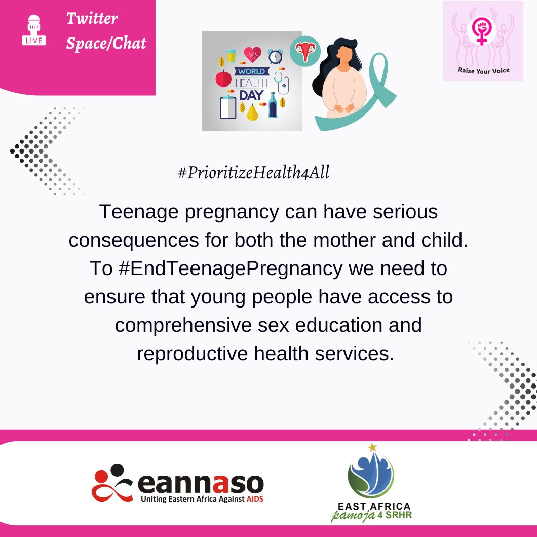 Teenage pregnancy can have serious consequences for both the mother and child. To #EndTeenagePregnancy we need to ensure that young people have access to comprehensive sex education and reproductive health services. #PrioritizeHealth4All #RaiseYourVoice