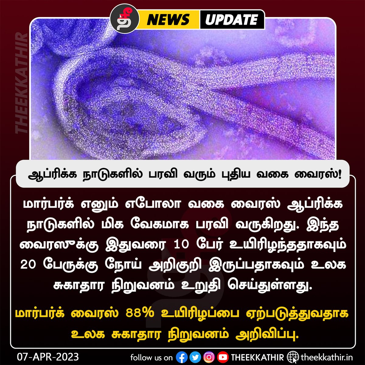 Theekkathir's tweet photo. ஆப்ரிக்க நாடுகளில் பரவி வரும் புதிய வகை வைரஸ்!
#Theekkathir | #MarburgVirus | #Epidamic | #africa https://t.co/kAmi2qSaSc