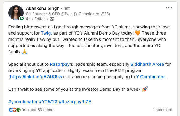 A big focus area for #RazorpayRize is to ensure that #founders never have to walk alone. Thanks <a href="/akankshs4/">Akanksha Singh</a> for the shoutout 🎉

Such notes make all the hard work worth it 🤟
<a href="/Razorpay/">Razorpay</a> <a href="/ycombinator/">Y Combinator</a>