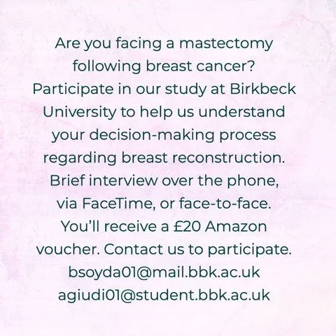 abcdiagnosis's tweet photo. Birkbeck University are conducting a study to better understand the decision-making process among women facing #breastreconstruction in the UK

See the below details to participate or have any questions about the study, do not hesitate to contact Buse on ….bbk.ac.uk https://t.co/kyI2QyxR0C