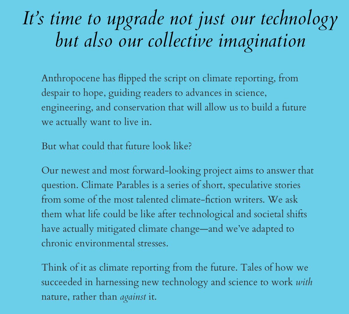 eliotpeper's tweet image. And that's just the beginning, make sure to check out the other stories in the series from amazing writers like @Annaleen, @AlpertMark, @brendacooper, and Kim Stanley Robinson.

anthropocenemagazine.org/2022/01/the-cl…