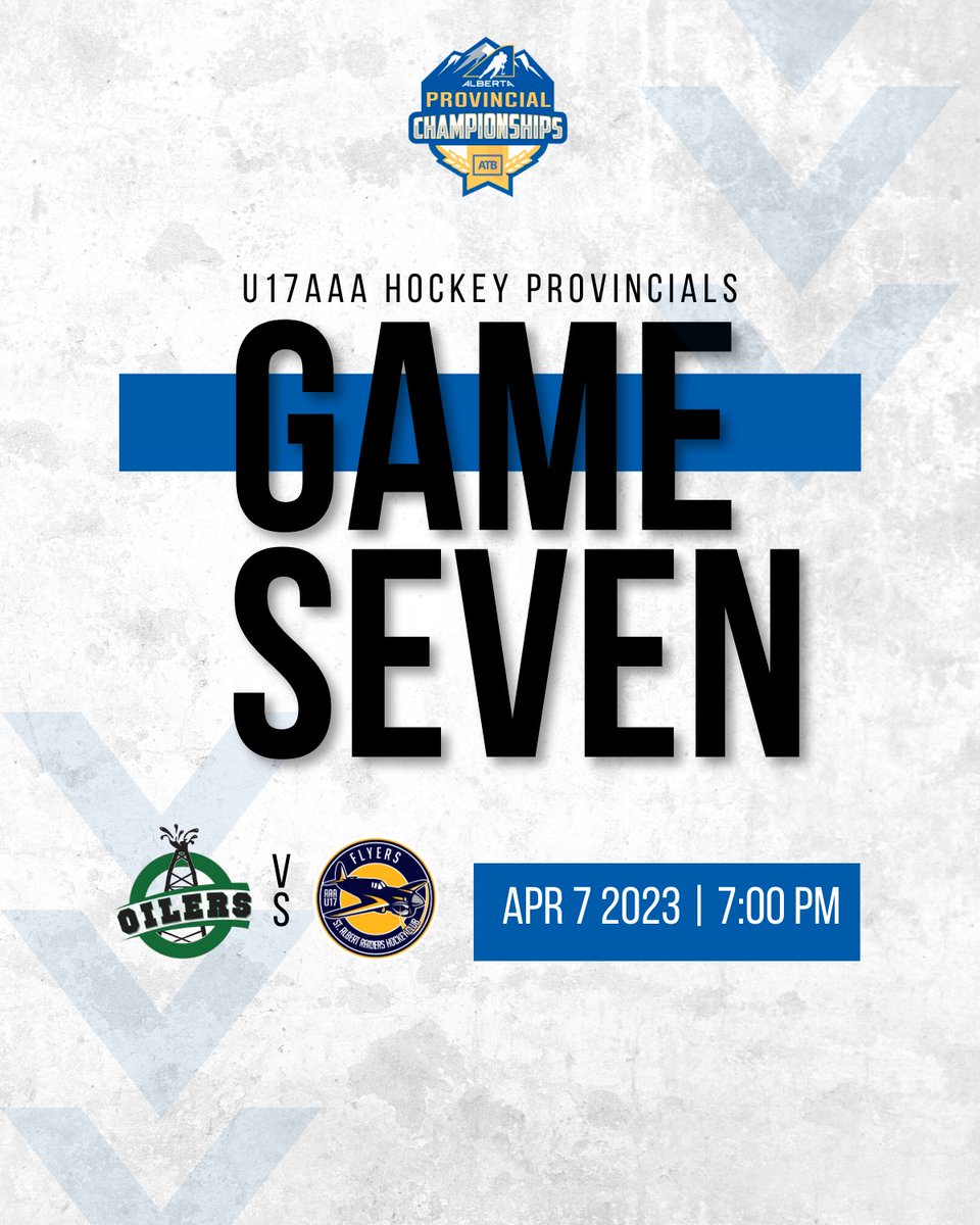 U17AAA Hockey Provincials (@u17_aaa) on Twitter photo 🚨Puck drops at 7:00 pm for GAME SEVEN of the U17AAA <a href="/HockeyAlberta/">Hockey Alberta</a> provincials!
Watch live <a href="/MyHockeyTV/">HockeyTV</a>
<a href="/Oilers_AAA/">Oilers_AAA</a> versus <a href="/FlyersRaiders/">St Albert Flyers U17 AAA</a> 🚨Puck drops at 7:00 pm for GAME SEVEN of the U17AAA <a href="/HockeyAlberta/">Hockey Alberta</a> provincials!
Watch live <a href="/MyHockeyTV/">HockeyTV</a>
<a href="/Oilers_AAA/">Oilers_AAA</a> versus <a href="/FlyersRaiders/">St Albert Flyers U17 AAA</a>