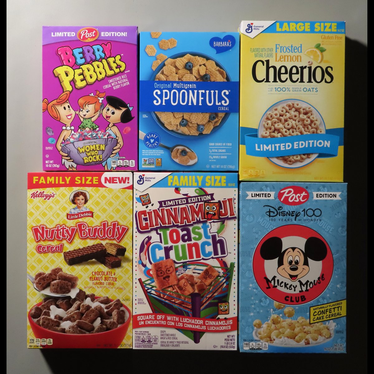 Some cereal additions from April 1. #food #Post #BerryPebbles #Pebbles #Barbaras #MultigrainSpoonfuls #GeneralMills #FrostedLemonCheerios #Cheerios #Kelloggs #LittleDebbie #NuttyBuddy #CinnamojiToastCrunch #CinnamonToastCrunch #Disney #Disney100 #limitededition #cereal #snacks