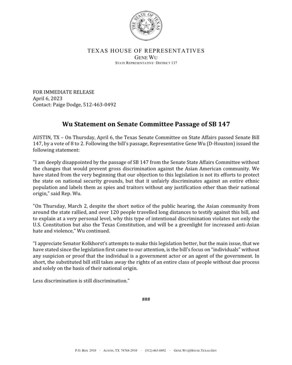 I am deeply disappointed by the passage of #SB147 from the Senate State Affairs Committee without the changes that would prevent gross discrimination against the Asian American community.

#txlege #aapi #stopasianhate