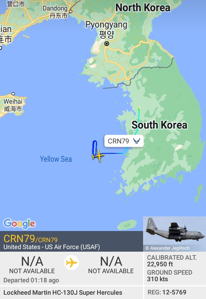 Oceanworldfree's tweet photo. 🇺🇲USAF CRN79 353SOG 1SOS 12-5769 #AE54D2
Rare sighting in #KoreanPeninsula W coastline
Lockheed HC-130J Hercules https://t.co/VEv97Ii9Db