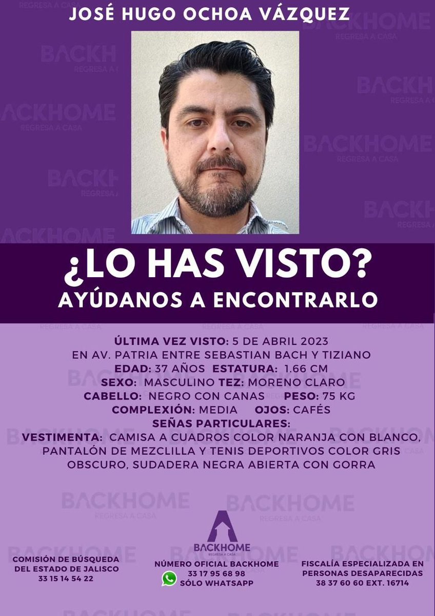 GDLMetro's tweet photo. #ServicioSocial José Hugo Ochoa Vázquez, de 37 años, fue visto por última vez el 5 de abril en Avenida Patria entre Sebastian Bach y Tiziano.

Si tienes información que pueda ayudar con su paradero, favor de comunicarte a los siguientes números: https://t.co/rnBw9rFzjC