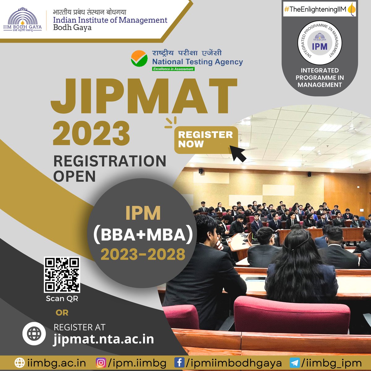 IIMBodhGaya's tweet photo. Dear aspirants, we are thrilled to announce that the registration for the Joint Integrated Programme in Management Admission Test (JIPMAT) is open now!! 
For registration: https://t.co/eKqyXO2tzu
Visit IPM at Bodh Gaya's website: https://t.co/tz2FR99iJ2

#IIMBodhGaya #IIMBG #IPM https://t.co/o5CjWP2k83