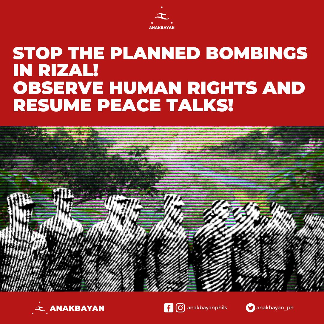 Anakbayan condemns impending AFP bombings near NCR, urges observance of International Humanitarian Law and resumption of peace talks

FOR IMMEDIATE RELEASE
April 7, 2023

#StopTheAttacks
#DefendSouthernTagalog