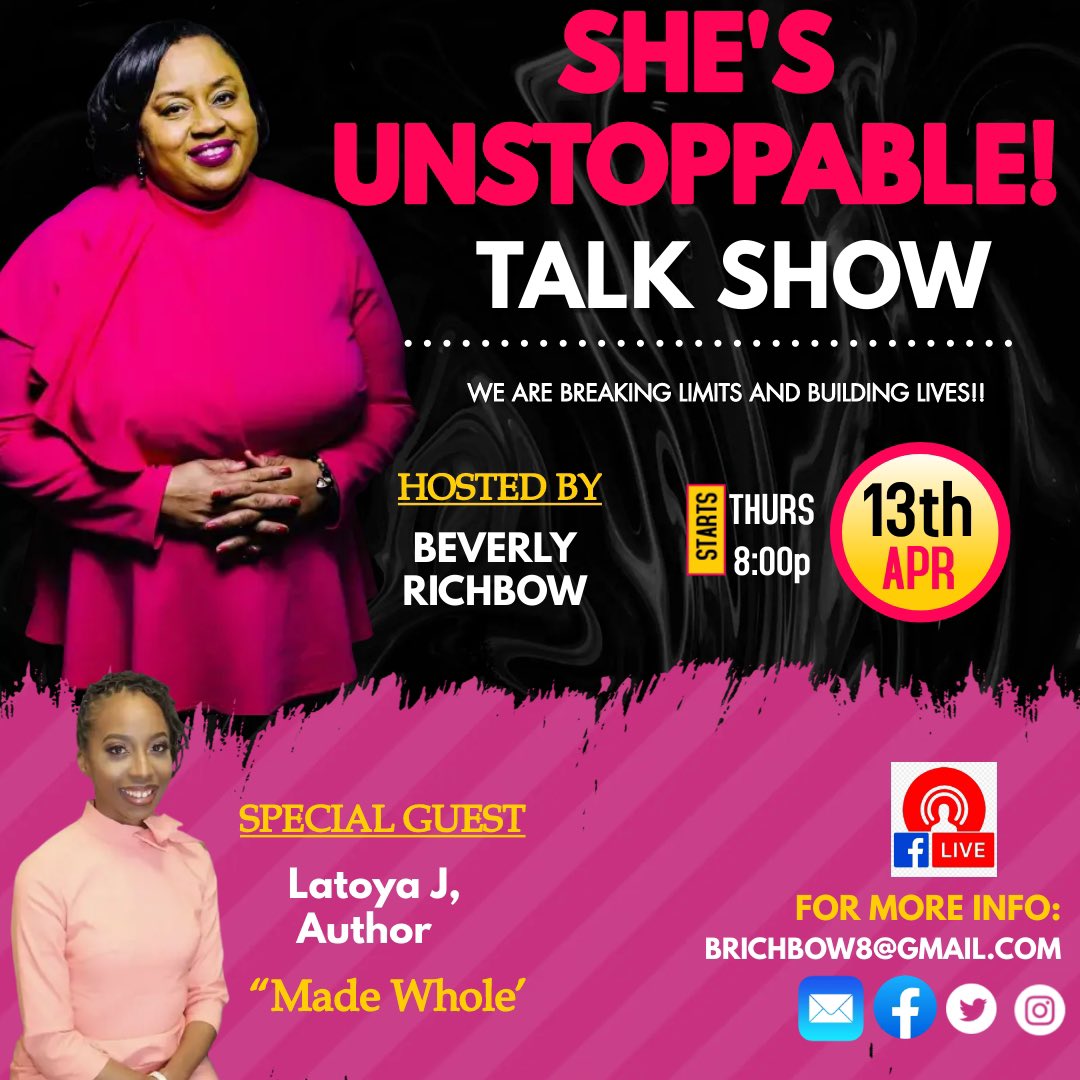 brichbow's tweet photo. I am super excited about interviewing author, LaToya J. about her new book entitled, “Made Whole” on April 13th at 8pm!  Make plans to join us!! https://t.co/5p0RszKbhG