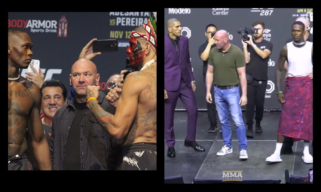 A. (@mrspectacular33) on Twitter photo So <a href="/AlexPereiraUFC/">Alex "Poatan" Pereira</a> goes from culture to business suit and <a href="/stylebender/">Israel Adesanya</a> goes from killer to skirt. Wtf is going on? #ufc287 So <a href="/AlexPereiraUFC/">Alex "Poatan" Pereira</a> goes from culture to business suit and <a href="/stylebender/">Israel Adesanya</a> goes from killer to skirt. Wtf is going on? #ufc287
