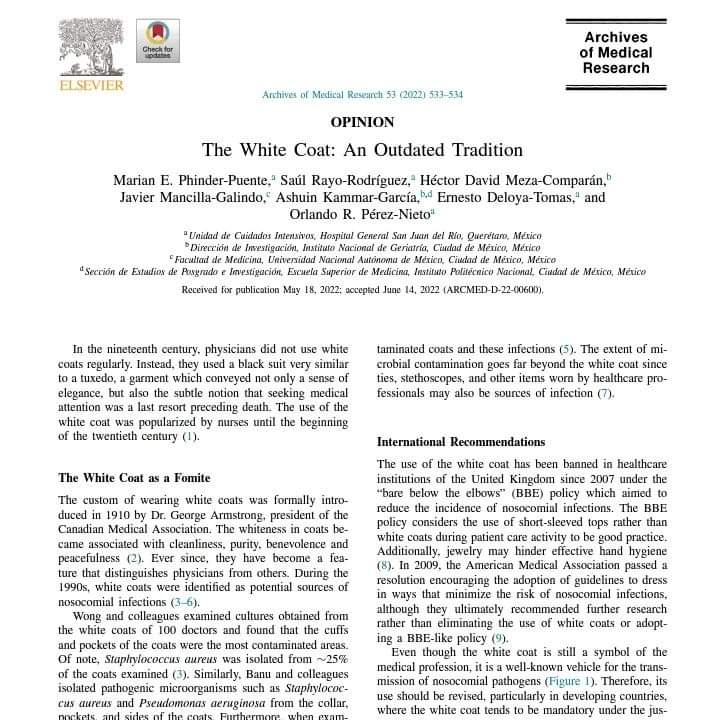bacteriologicOF's tweet image. El uso de bata incorrecto EN TODO MOMENTO (lugares públicos,oficinas,etc) en 2022 Phinder y col. dieron a conocer el potencial riesgo que implica el portar la bata fuera de los lugares donde debe emplearse como EQUIPO DE PROTECCIÓN PERSONAL y no como uniforme de trabajo.