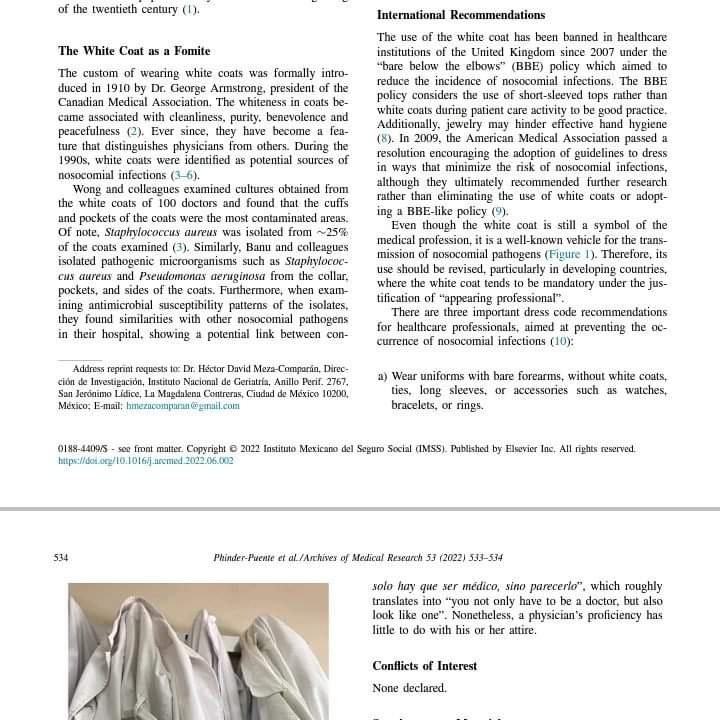 bacteriologicOF's tweet image. El uso de bata incorrecto EN TODO MOMENTO (lugares públicos,oficinas,etc) en 2022 Phinder y col. dieron a conocer el potencial riesgo que implica el portar la bata fuera de los lugares donde debe emplearse como EQUIPO DE PROTECCIÓN PERSONAL y no como uniforme de trabajo.