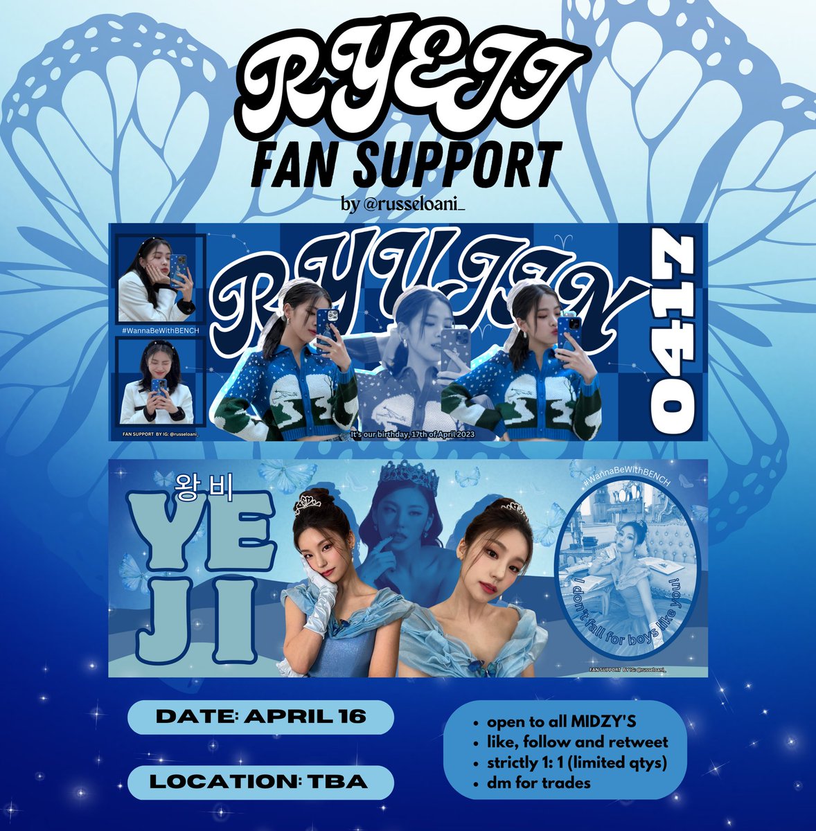 bOrnSkinny_btch's tweet photo. Hi Midzys, what’s up?

I’ll be givung away these ryujin  &amp; yeji hand banners on #WannaBeWithBench #BENCHXITZY 

-rt, follow and like
-1:1, limited quantities 
-dm for trades

see you all! 💙🦋 https://t.co/tobNOTAVrr