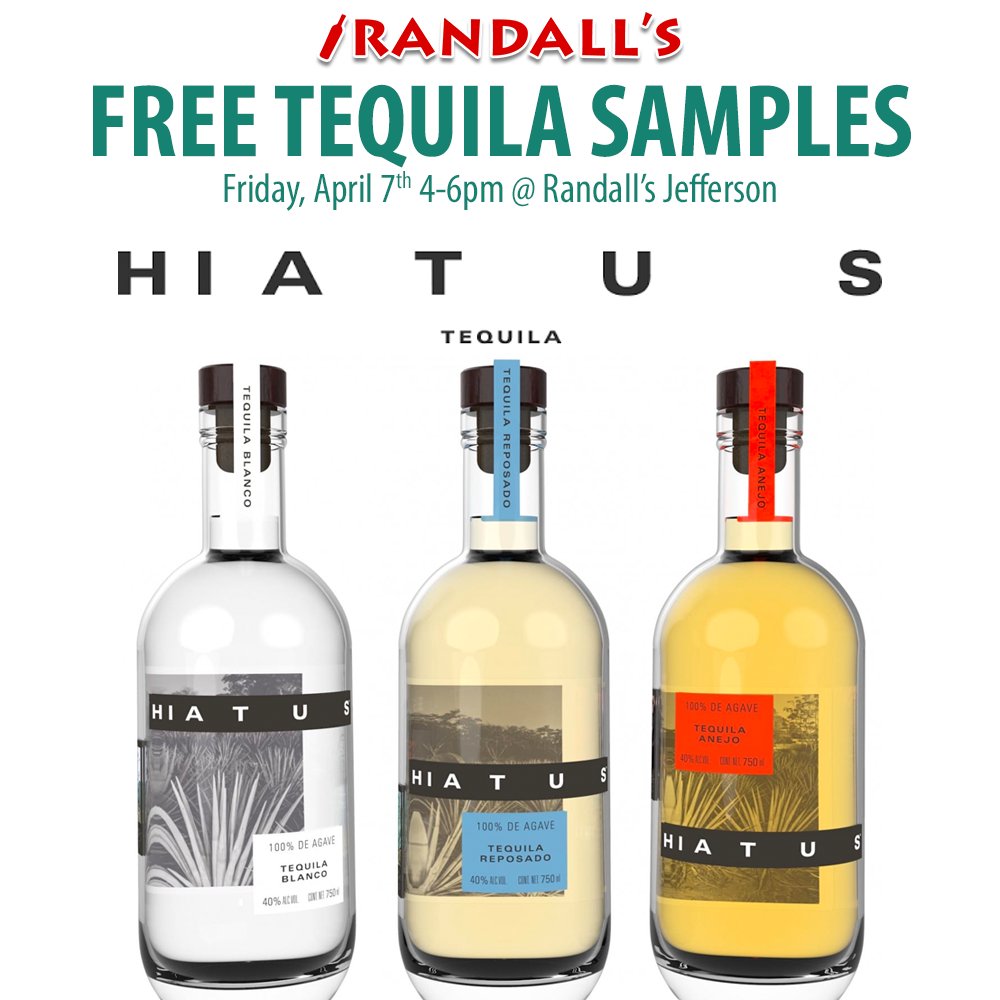 🌵Join us today from 4-6pm at Randall's Jefferson for FREE TEQUILA SAMPLES from @hiatustequila! Sample their flavorful Blanco, Reposado and Anejo. Free to anyone 21+, no ticket or RSVP required.
#tequila #freesamples #blanco #reposado #anejo #hiatustequila #thingsto
