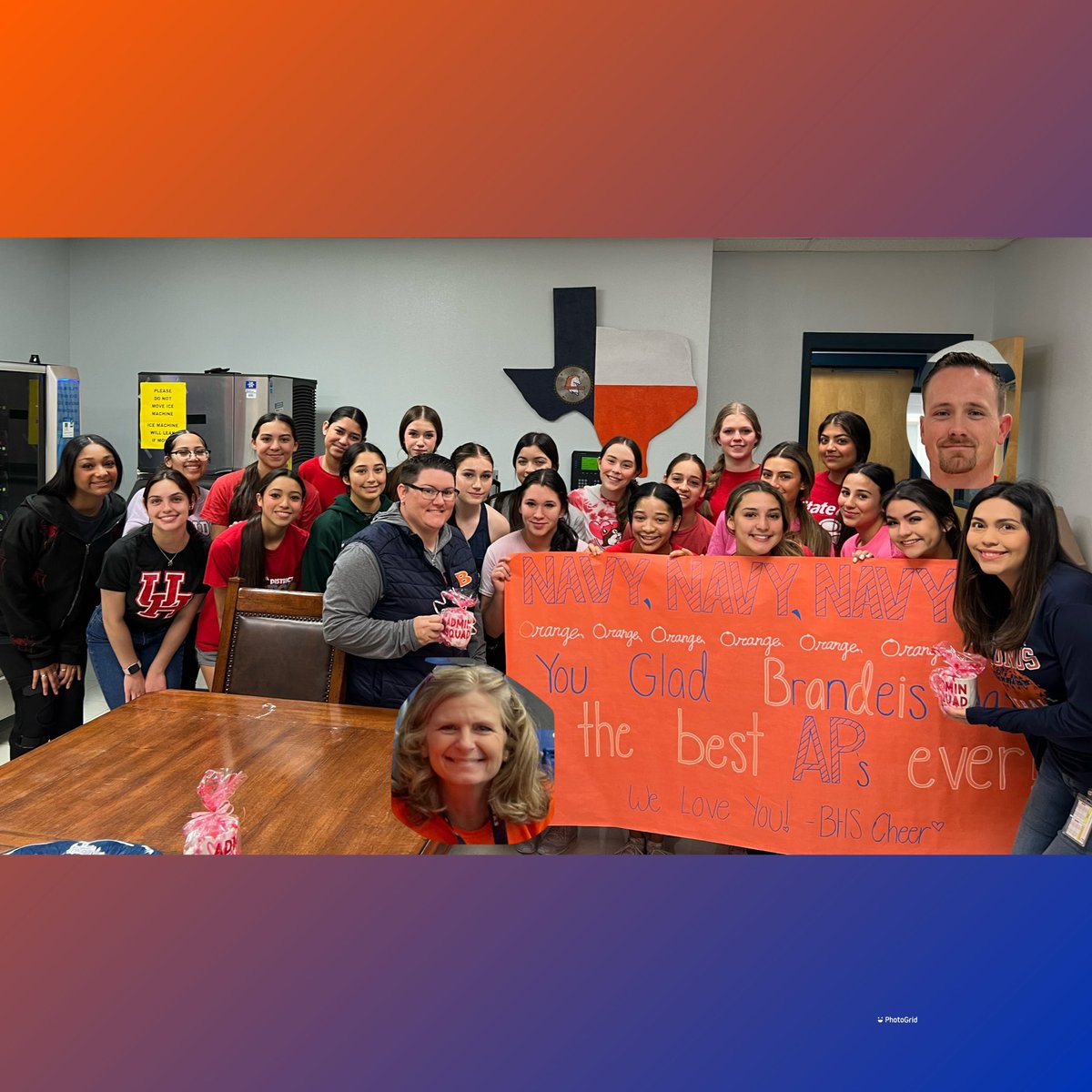 Thank you to <a href="/BrandeisHSCheer/">Brandeis Cheer</a> for the sweet treats and RED HOT chant! Our 💙Assistant Principals🧡 are proud to serve our students, teachers, families, and community. #BrandeisProud #AdminTeam #APs 
#NationalAssistantPrincipalsWeek #RootEdBrandeis #colorshout
@geriberger08