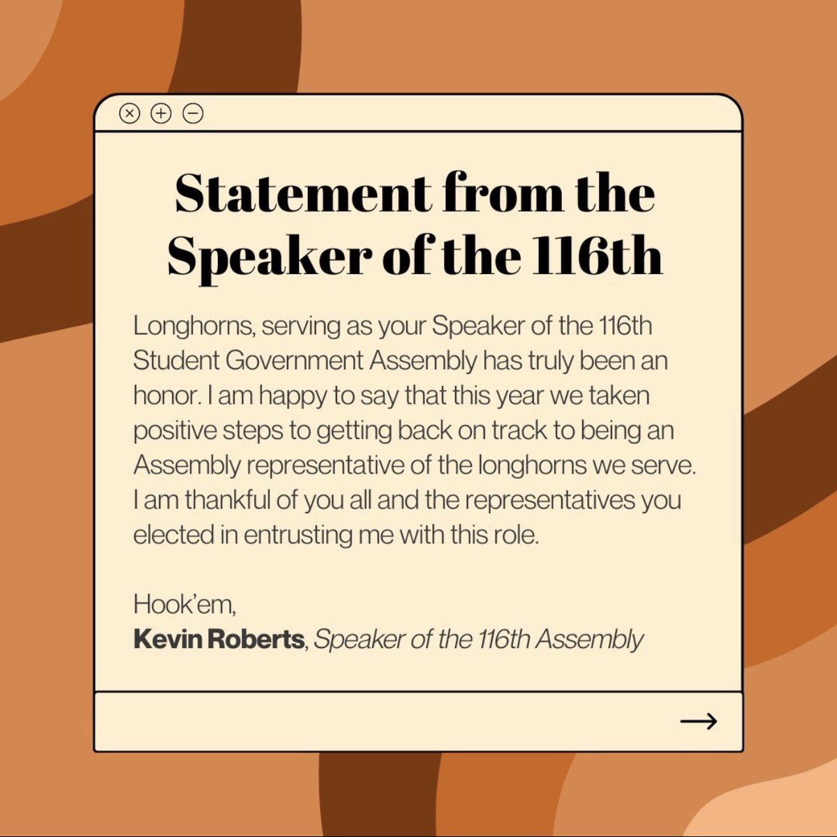 ⚡️Please read the final statement from the 116th Assembly Speaker Kevin Roberts as he passes the gavel on to the 117th's newly-elected Speaker Kennedy Bailey!⚡️

#utsg #utaustin #ut24 #ut25 #ut26 #studentgovernment #austin #austintexas