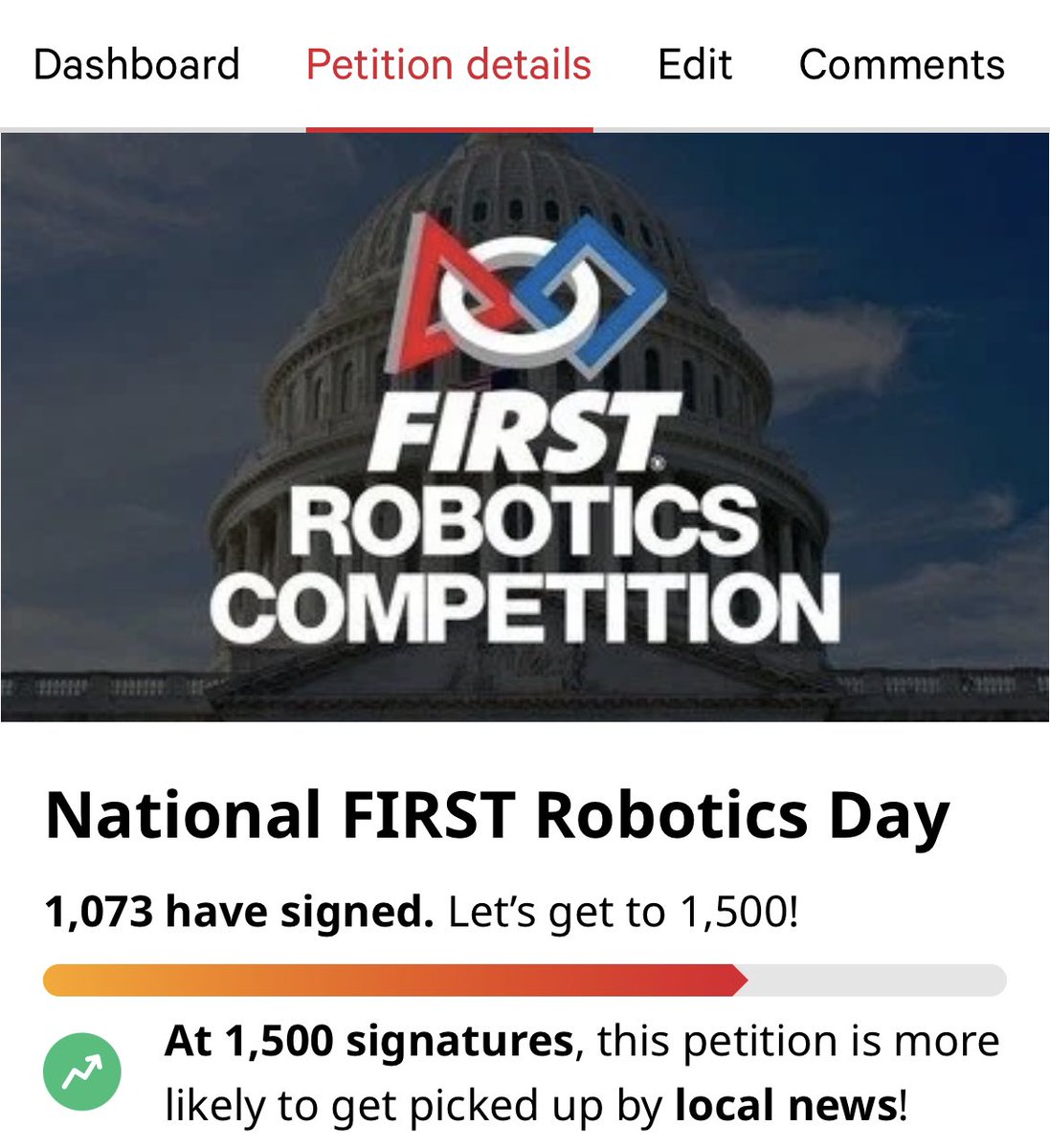 FIRST2338's tweet photo. Sign the petition! This bill encourages States and local educational agencies to fund afterschool robotics programs using funds made available by title IV, part A of the Every Student Succeeds Act, a block grant authorized at $1.6B https://t.co/2SctO6oLl3 https://t.co/dBbKMwaOxX