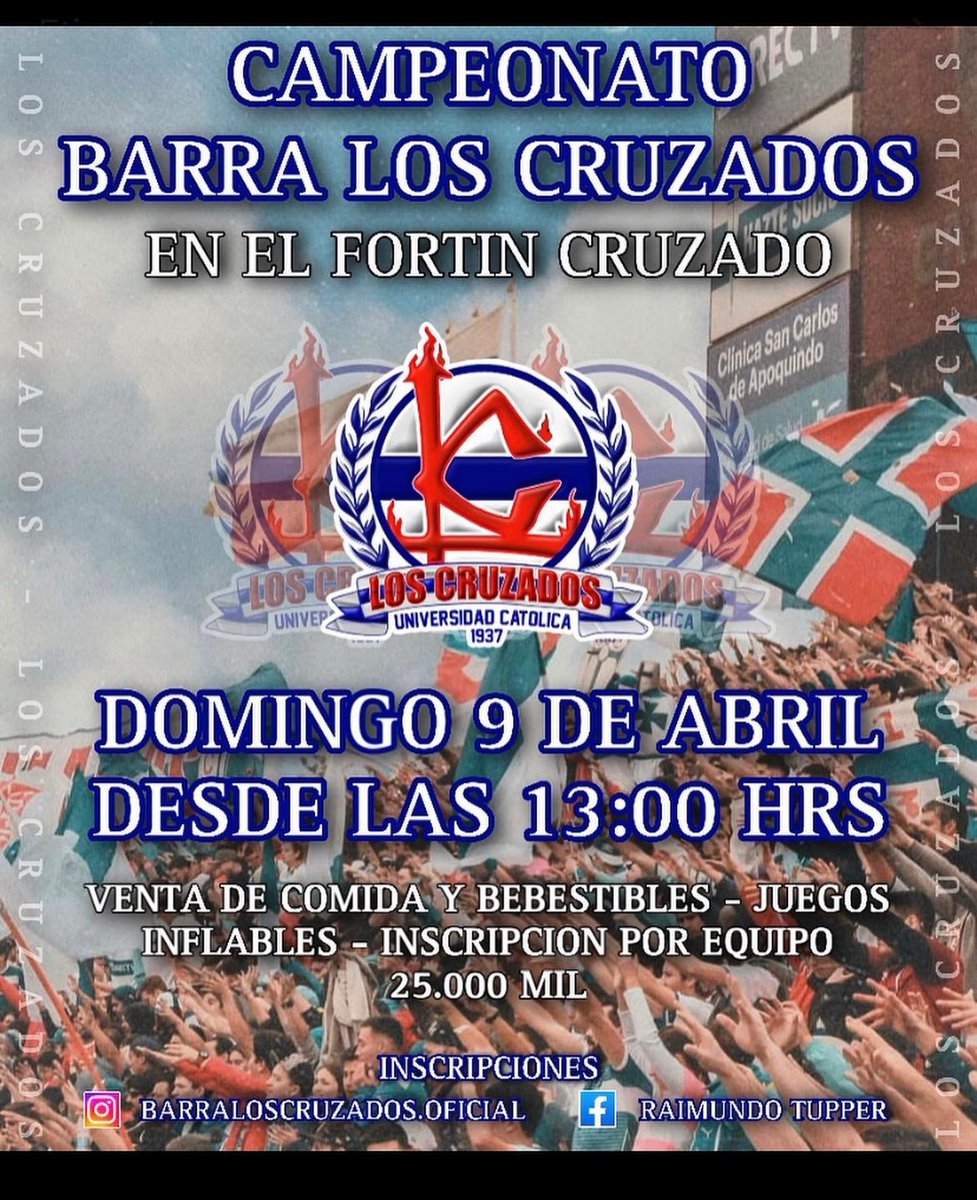 Todos al fortín este 9 de abril desde las 13:00 hrs, campeonato barra los cruzados por fondos la salida con el indio, habrá venta de comida y bebestible, todos juntos armamos el carnaval, ven y disfruta con la familia cruzada, en nuestro fortín cruzado

Barra Los Cruzados 🇫🇮
