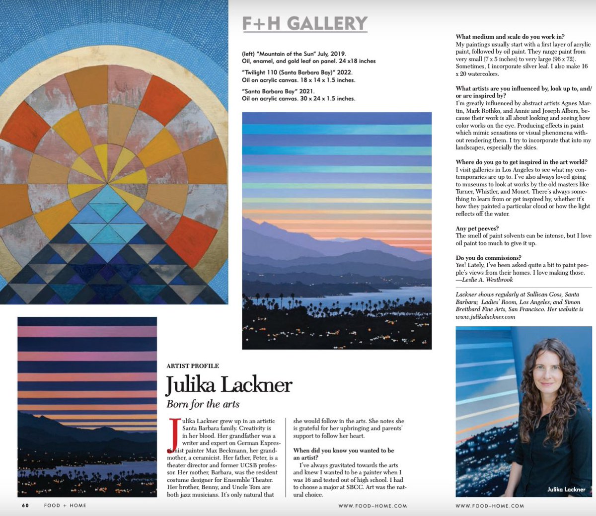 julikala's tweet photo. Thank you @foodhomemag_sb for featuring my art and letting me talk about my family heritage, my influences and my process. Link in bio. Flip through to p.60 #art #painting #julikalackner #californiaart #santabarbara https://t.co/fcXraLu8xf