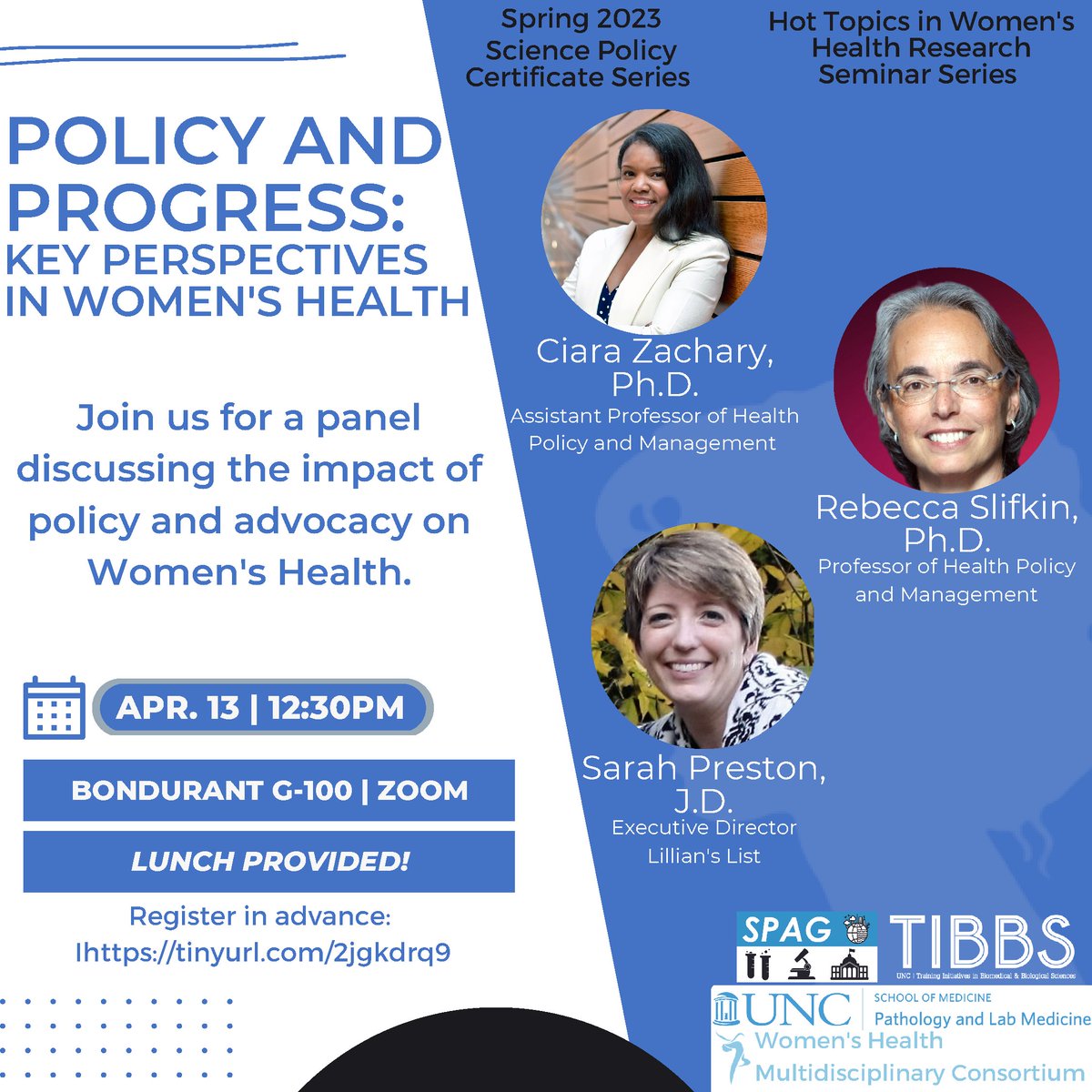 UNC_WHMC's tweet photo. We are so excited to announce this month's hot topic seminar, "Policy and Progress: Key Perspectives in Women's Health" held on 4/13 at 12:30 in Bondurant G100. Lunch is provided! We are excited to see you there. https://t.co/oMw6T7FMJG