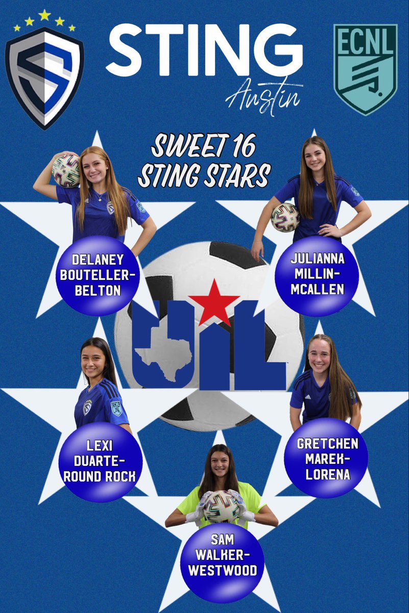 stingaustin06's tweet photo. Good luck to our @sting_austin Stars, @delaney_B3, @jmillin_10, @lexiduarte12, @samwalker_07, and Gretchen Marek, who have led their teams to the #Sweet16 in this weekend’s Texas UIL Regional Tournaments for a chance to go to state!!! #StingStrong @TopDrawerSoccer @PrepSoccer https://t.co/PHHcrlKsSp