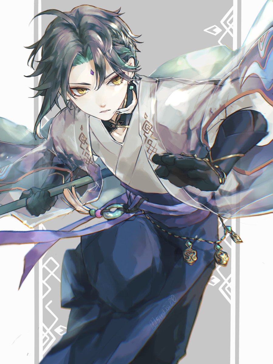 xiao (genshin impact) 1boy male focus solo yellow eyes gloves facial mark holding  illustration images