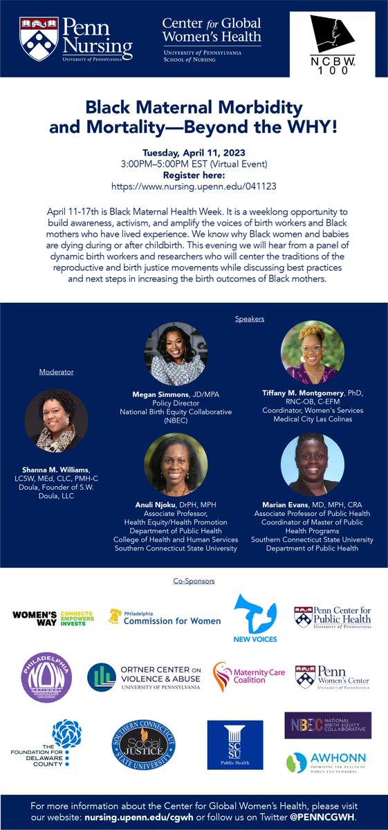 PennCGWH's tweet photo. Join #CGWH, @PennNursing, and @NC100BWPA on 4/11 as a panel of experts discusses #Black #maternalhealth and #bestpractices. Register at: https://t.co/qHz0xroN30 https://t.co/L8E8UFmMs5